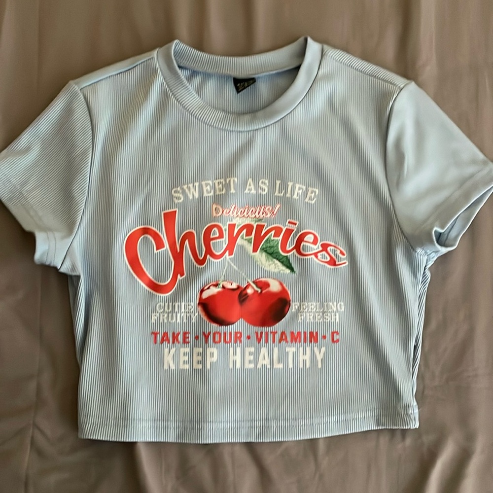Cropped light blue cheery shirt! Super cute, worn once